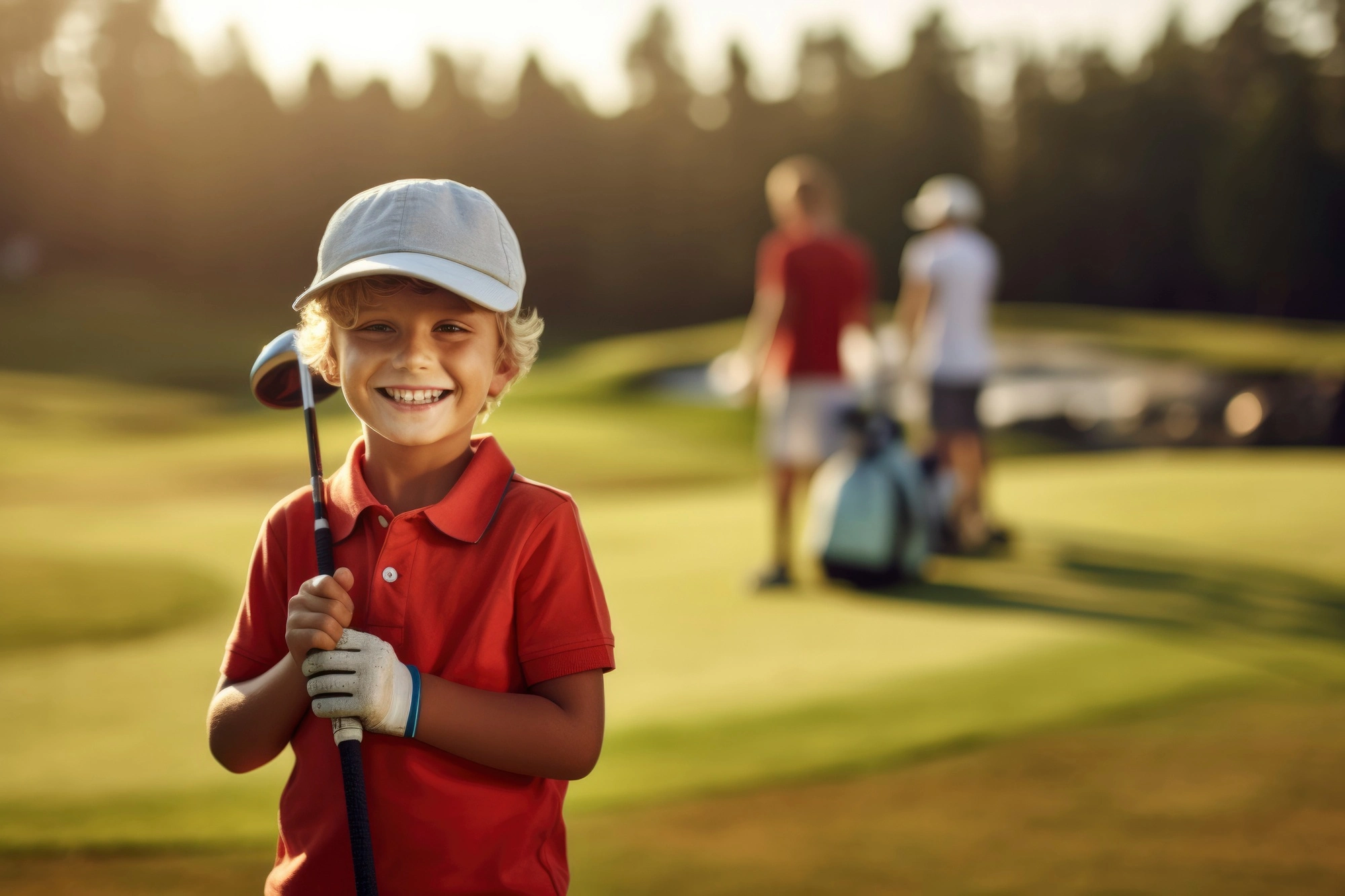 kid holding golf club while his parents are in the background